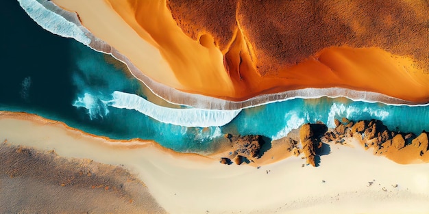 Draufsichtsandstrand mit dem Ozean und den Wellen, die im Hintergrund sichtbar sind