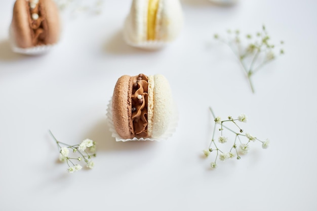 Draufsichtsatz verschiedener französischer Plätzchenmakronen Kuchenmakronen mit Blumen