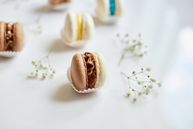 Draufsichtsatz verschiedener französischer Plätzchenmakronen Kuchenmakronen mit Blumen