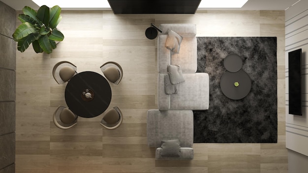 DraufsichtSchwarzes minimalistisches Interieur des modernen Wohnzimmers 3D-Rendering