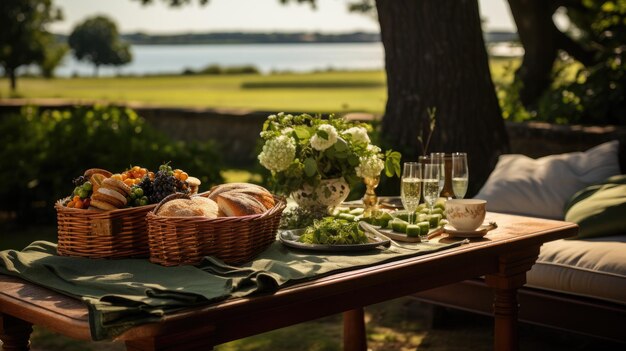 Draußen liegt ein Picknickkorb auf einem Tisch Entspannung und ein sommerhafter Geisteszustand Verlassen für