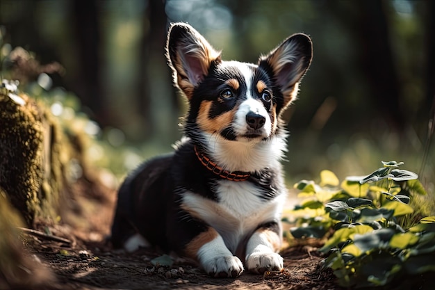 Draußen sitzt ein niedlicher dreifarbiger Corgi-Welpe