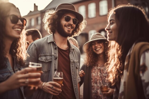 Draußen versammelt sich eine Gruppe von Menschen, die trinken und reden.