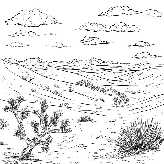 a drawing of a desert scene with a cactus plant and mountains