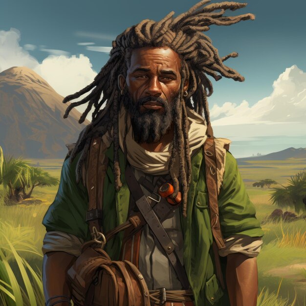 Dreadlocked man in jungle segurando bússola 2d arte do jogo