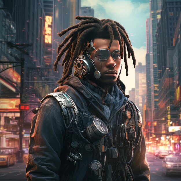 Foto dreadlocked urban futurism revela la estética cyberpunk del hombre negro en la ciudad