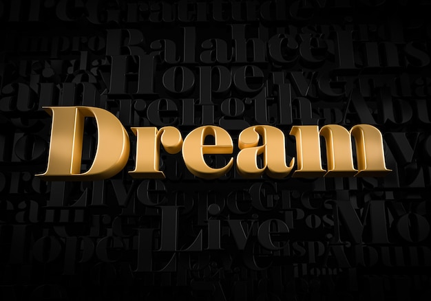 Dream Gold Text auf schwarzem Texthintergrund Motivierendes Wort gerendertes 3D-Bild