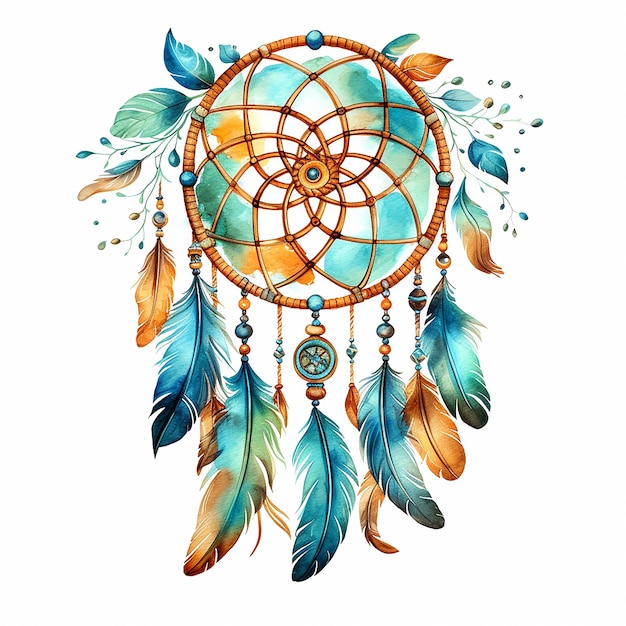 Dreamcatcher Whispers isoliertes Tattoo-Design in Aquarell