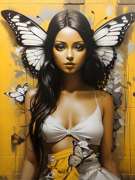 DreamShaper_v7_graffiti_art_of_a_woman_with_a_butterfly_on_a_y_3