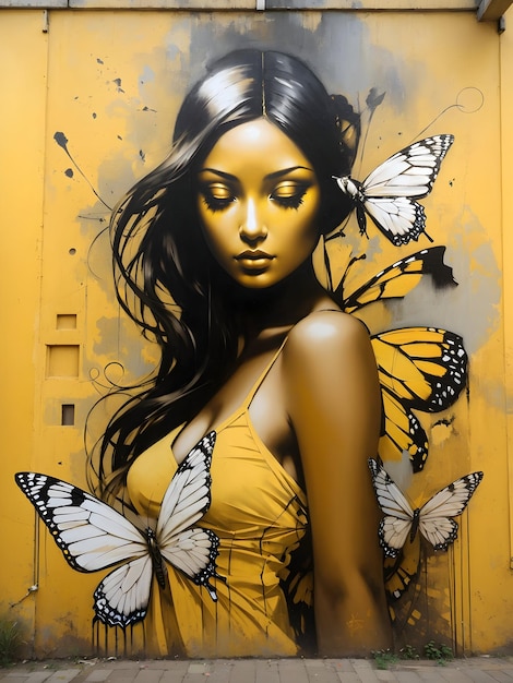 DreamShaper_v7_graffiti_art_of_a_woman_with_a_butterfly_on_a_y_3