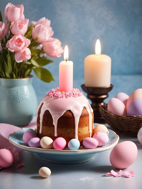 DreamShaper_v7_Traditional_easter_cake_with_candle_and_pink_ea_1 4