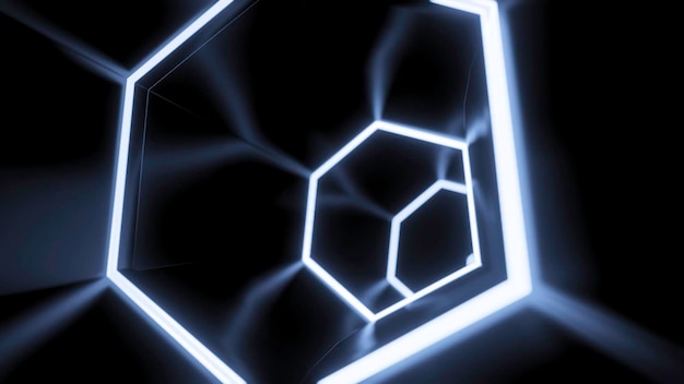 Drehbarer Cyber-Tunnel mit neonfarbenen sechseckigen Linien Design bewegender dunkler Tunnel mit Neon-Reflexion