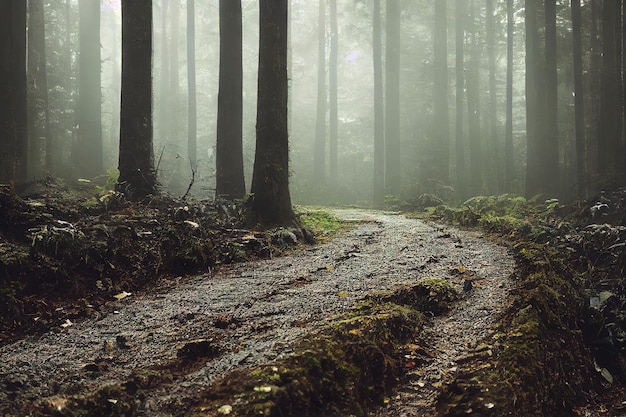 Drehende Bodenstraße in der digitalen Illustration des dunklen Sommerwaldnaturhintergrundes