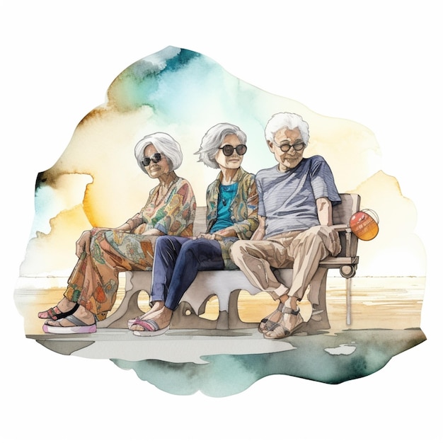Drei ältere Frauen sitzen zusammen auf einer Bank.