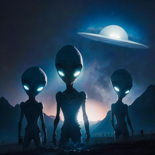 Drei Aliens stehen mitten in der Wüste Generative KI