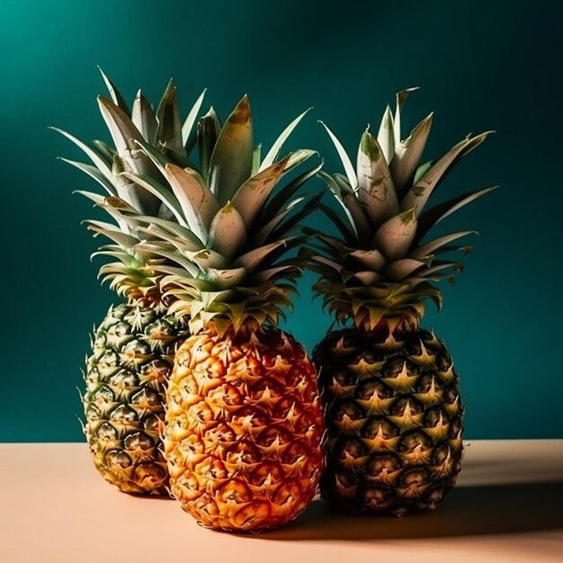 Drei Ananas liegen auf einem Tisch mit grünem Hintergrund.