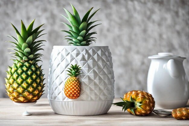 Foto drei ananas stehen auf einem tisch, von denen eine eine ananas ist