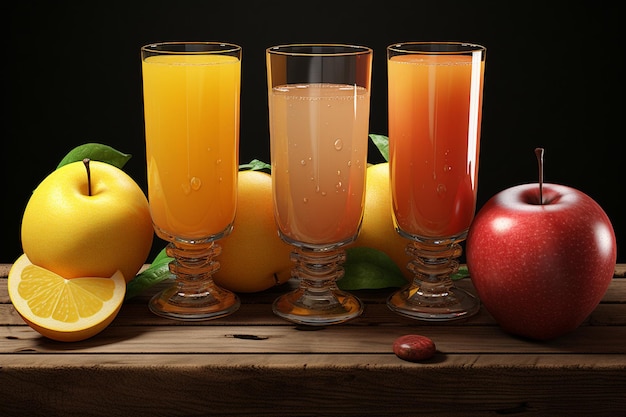 Drei Arten von Früchten mit Gläsern Saft