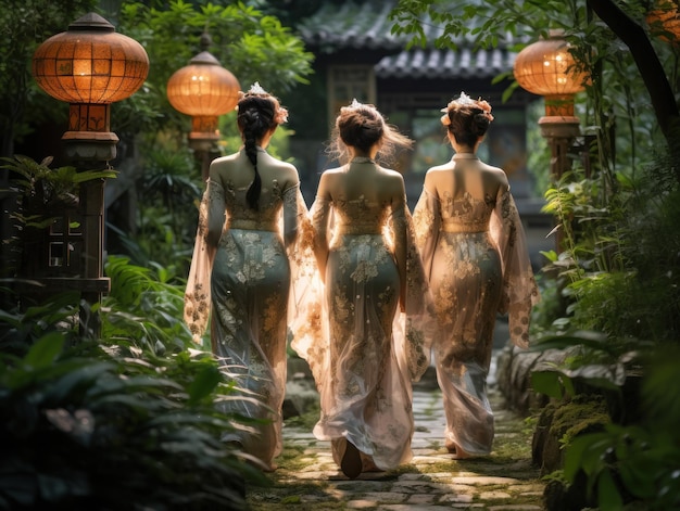 Drei asiatische Frauen, die in traditioneller Kleidung in einem traditionellen Haus spazieren gehen, wurden von hinten fotografiert