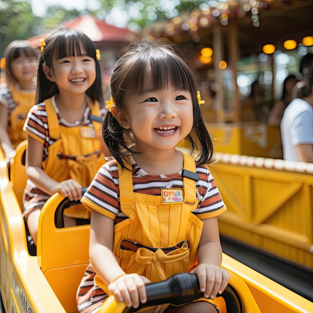 Drei asiatische Mädchen fahren mit Freude auf einer Achterbahn im Vergnügungspark