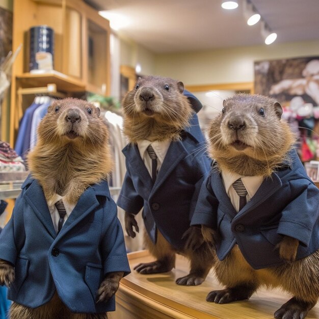 Foto drei ausgestopfte tiere, gekleidet in anzügen und krawatten, stehen auf einem zähler.