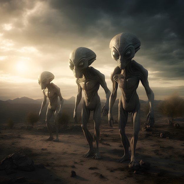 Drei außerirdische Kreaturen laufen in einer Wüste mit einem bewölkten Himmel im Hintergrund.