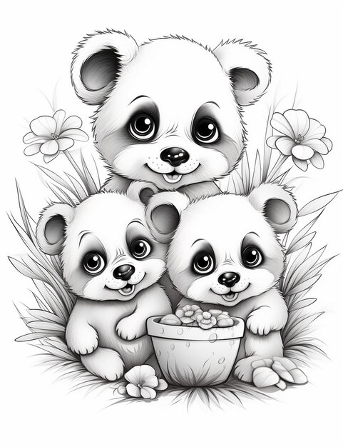 Drei Bären stehen mit einer Schüssel Popcorn im Gras.