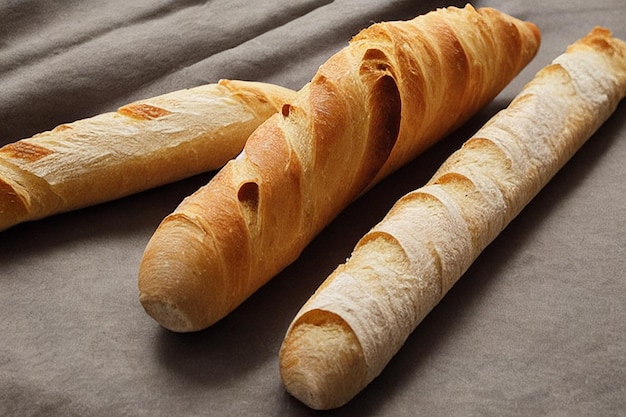 Drei Baguettes auf einem Tisch, von denen eines halbiert wird.