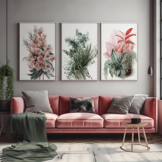Drei Bilder an einer Wand mit einer rosa Couch und einem rosa Kissen.