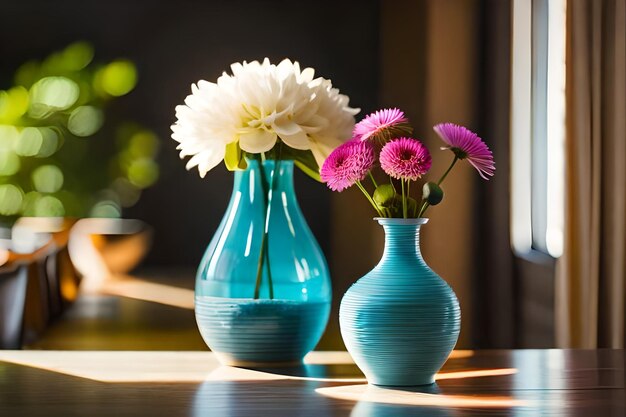 drei blaue Vasen mit Blumen in ihnen, von denen eine eine Vase ist, die andere mit den anderen Blumen
