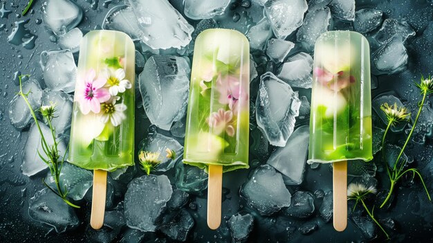 Drei Blumen-Popsicles auf einem Bett aus schmelzenden Eiswürfeln und Wassertropfen