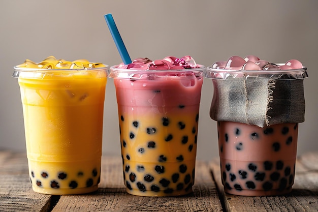 Drei Boba-Teebecher mit verschiedenen Farben und Stoffen auf einem Holztisch gegen ein helles Grau