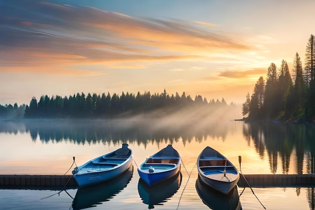 Drei Boote auf einem Dock mit einem Sonnenuntergang im Hintergrund