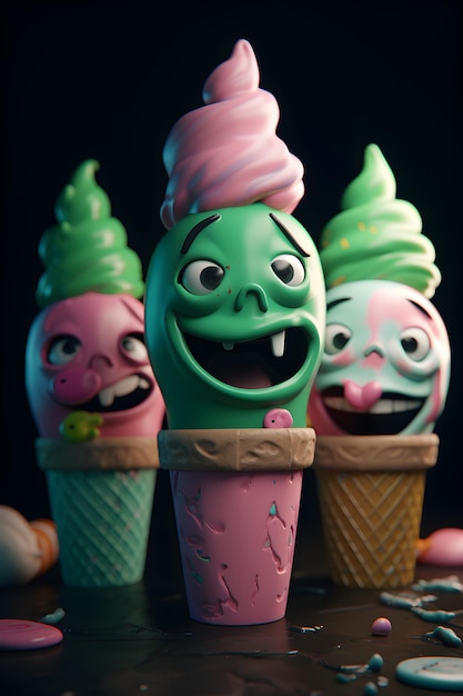 drei bunte eiscreme niedliche monster