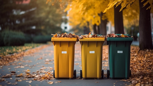 Drei bunte Müllcontainer zum Sortieren von Müll für Plastikglas und Papier