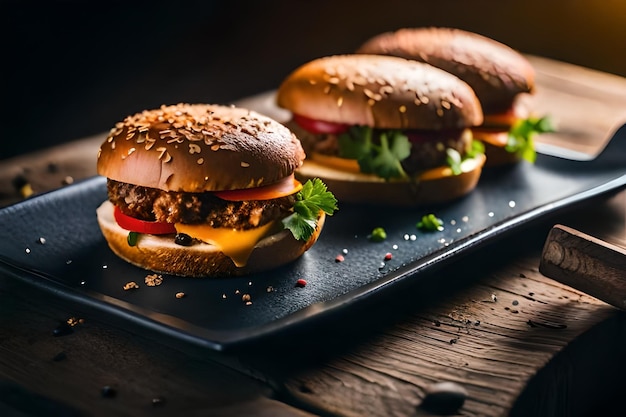 Drei Burger mit Käse und Salat auf einem Tablett.