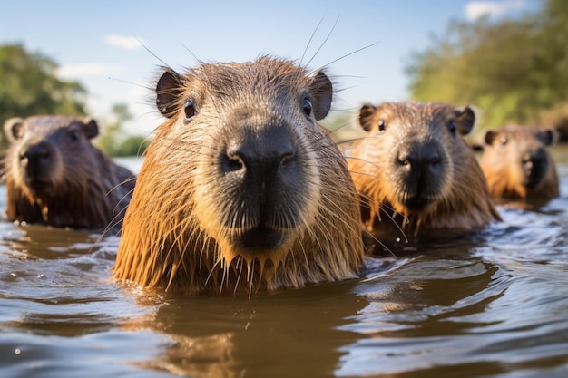 Foto drei capybaras schwimmen zusammen im wasser.