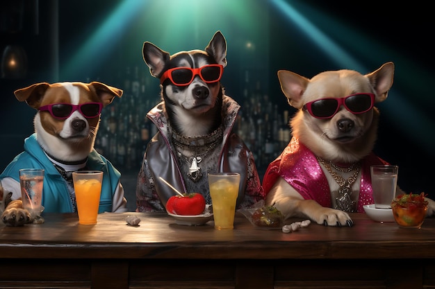 Drei Chihuahua-Hunde in einer Bar mit Gläsern und Getränken