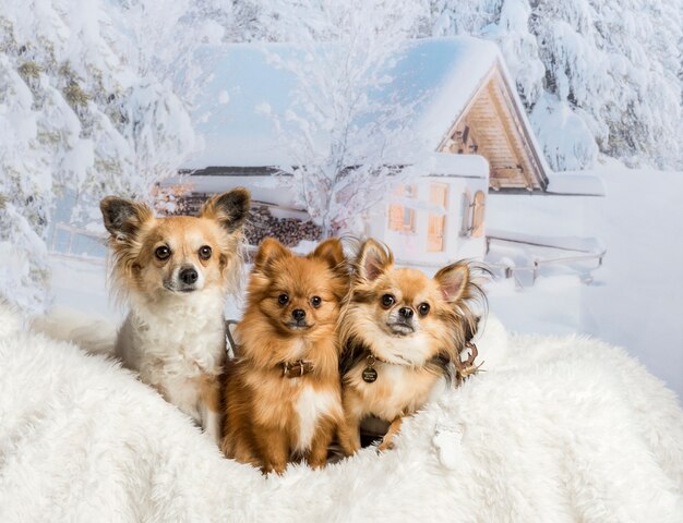 Drei Chihuahua sitzen auf weißem Pelzteppich in der Winterszene