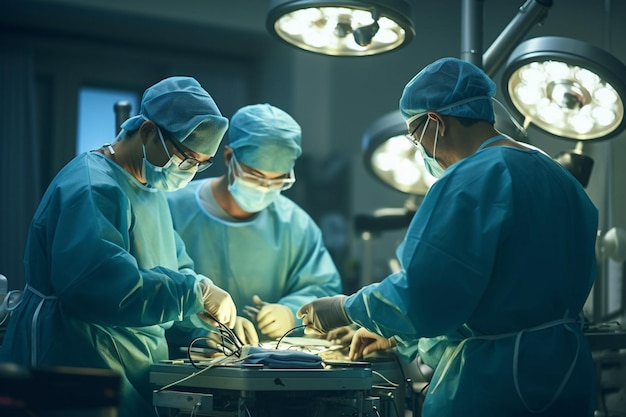 Drei Chirurgen arbeiten in einem hellen Operationssaal eines Krankenhauses mit generativer KI