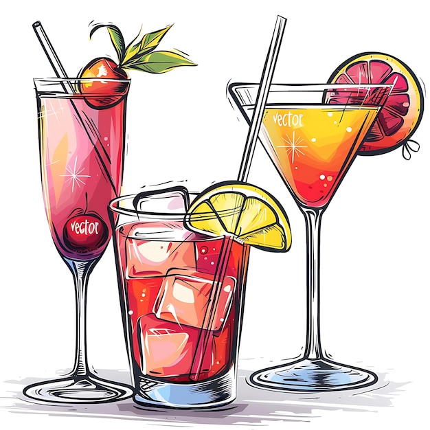 Drei Cocktails mit Obstgarnituren im handgezeichneten Stil