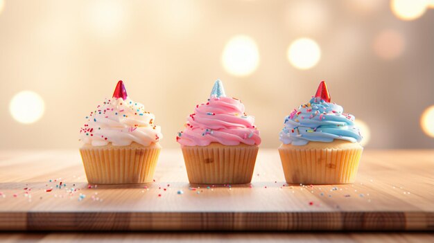 Drei Cupcakes auf einem Holzbrett mit Stacheln gen