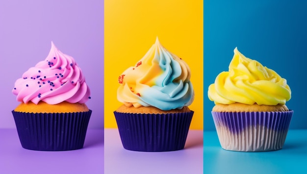 Drei Cupcakes in verschiedenen Farben auf violettem Hintergrund