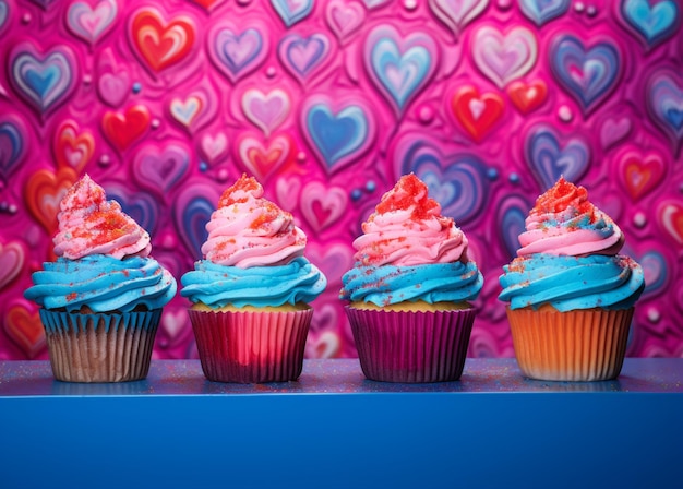 Drei Cupcakes mit rosa und blauem Zuckerguss stehen auf einem blauen Tisch AI Generative