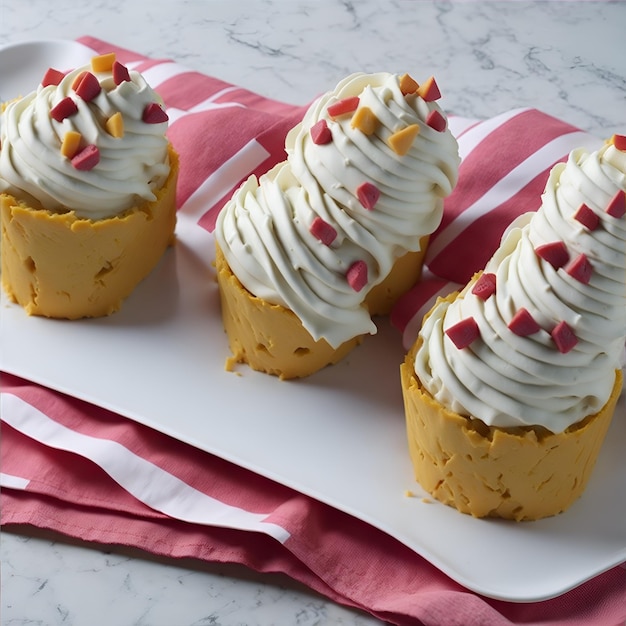 Drei Cupcakes mit weißem Zuckerguss und Süßigkeiten oben drauf.