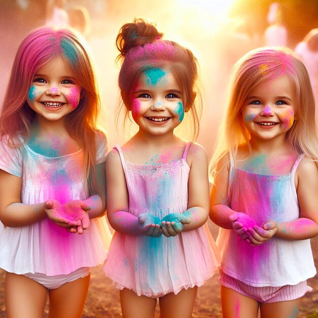 Drei Cute Baby Girl spielen mit Pulver Multicolor im Holi-Festival