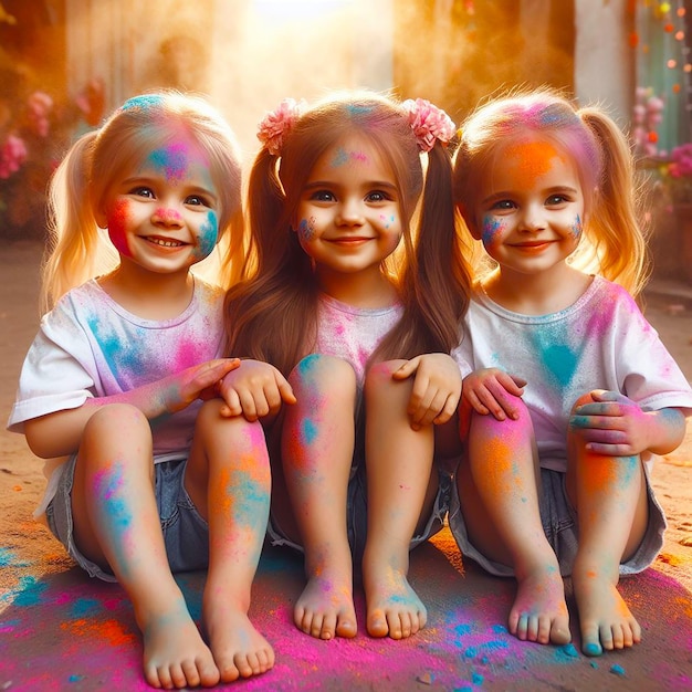 Drei Cute Baby Girl spielen mit Pulver Multicolor im Holi-Festival