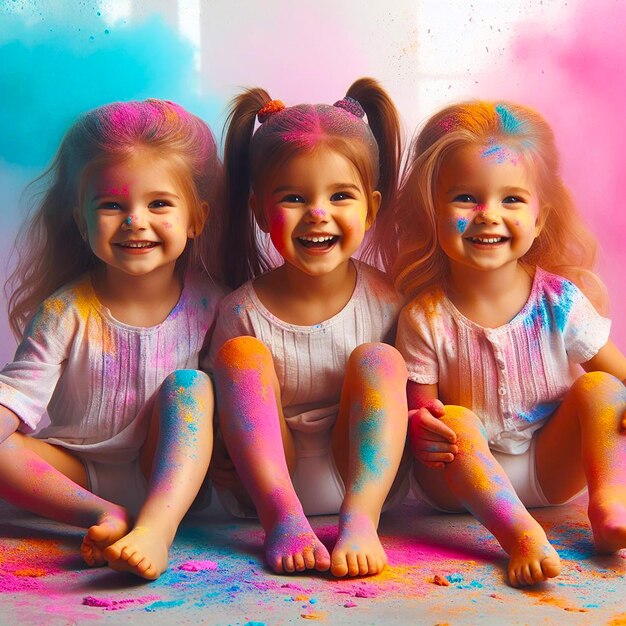 Drei Cute Baby Girl spielen mit Pulver Multicolor im Holi-Festival