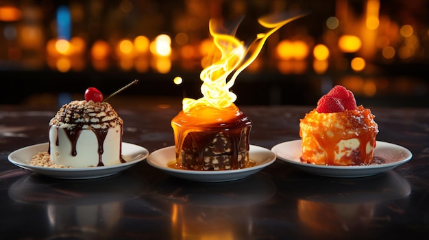 Drei Desserts mit Flammen im Hintergrund