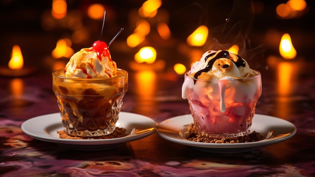 Drei Desserts mit Flammen im Hintergrund